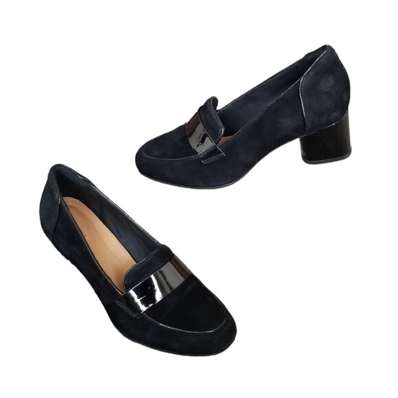 Clarks Un Cosmo Way Black Suede Block Heel Loafer Womens Size 7 READ - Picture 2 of 11